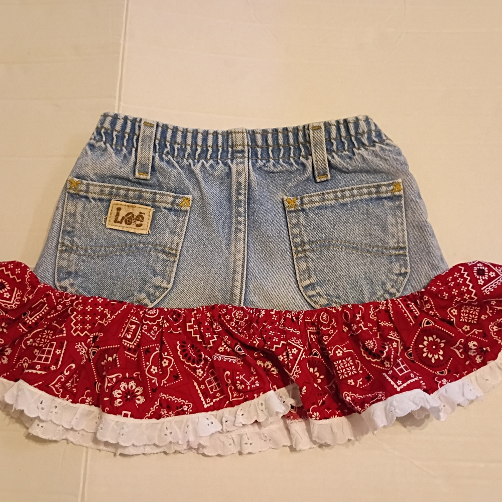 VTG Lee Girls Denim Skirt with Red Bandana Ruffle Sz 6 - Picture 3 of 5
